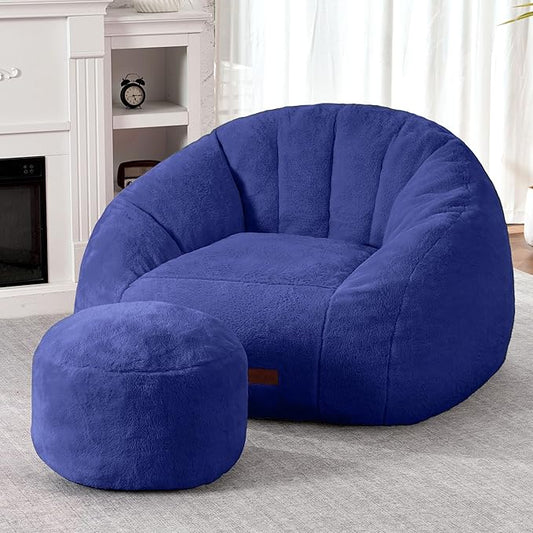 HABUTWAY Bean Bag Chair, Giant Bean Bag Chairs for Adults with Ottoman, Comfy Faux Fur Shell-Shaped Bean Bag Couch, Sofa Chair for Living Room, Bedroom, Navy Blue