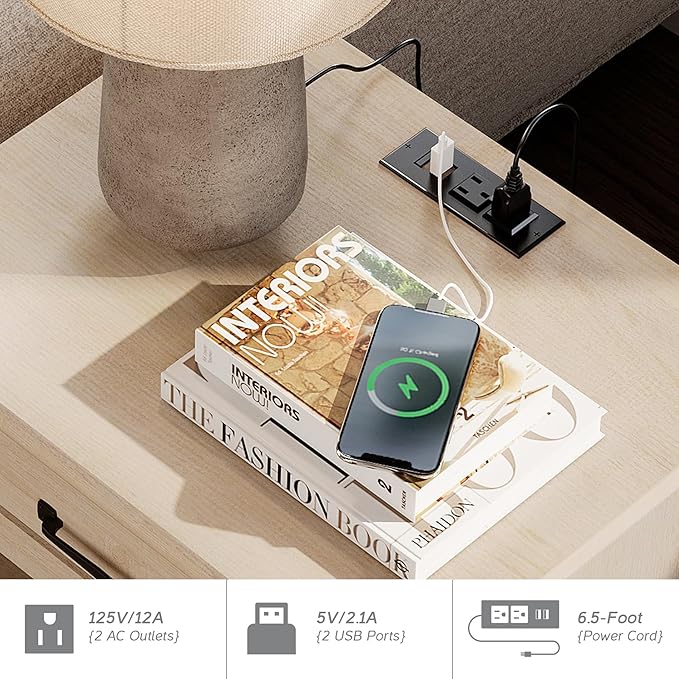 WAMPAT Beige Side Table with Charging Station, Elegant Nightstand for Bedroom with 2 Drawers & Open Shelf, Wooden End Table Bedside Table for Living Room, Kids Room