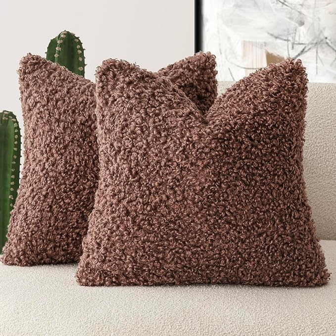 Foindtower 2 Pieces 22x22 Inch Red Brown, Faux Fur Throw Pillow Cover Accent Sherpa Furry Pillow Covers Fuzzy Soft Pillowcases Cozy Sheepskin Decorative Fleece Cushion Case for Bed Couch Living Room