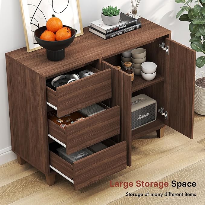 Redkey Fluted Sideboard Cabinet - Mid Century Modern Sideboard Buffet Cabinet with 3 Drawers - Buffet Table with Handle-Less Design for Kitchen Bedroom Dining/Living Room - Walnut