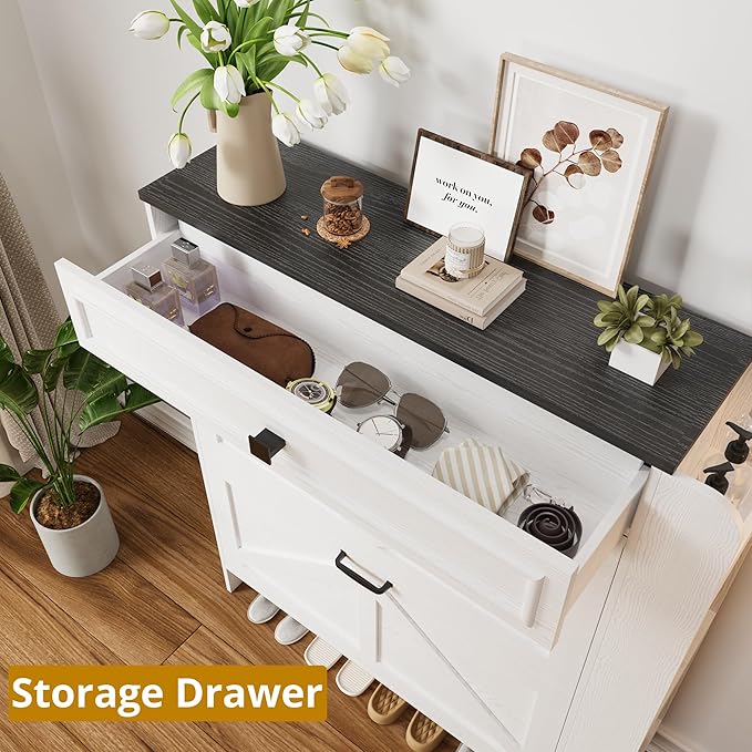 IRONCK Shoe Storage Cabinet with 2 Flip Drawers & Barn Door Design, Freestanding Shoe Cabinet Organizer with Drawer and Shelves for Entryway, Farmhouse Shoe Rack Cabinet, White/Black