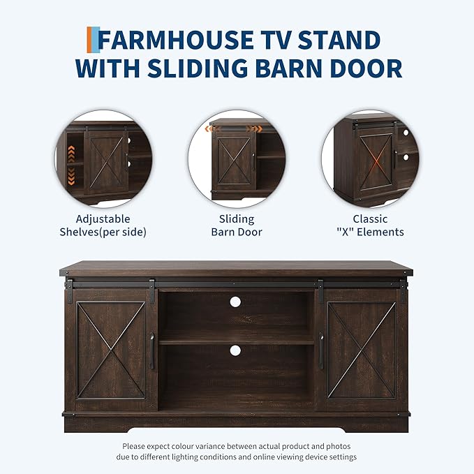 GAOMON Farmhouse 59" TV Stand Up to 65 Inches, Mid Century Modern TV Entertainment Center with Storage Cabinets & Open Shelves, Wood TV Cabinet for Living Room, Brown