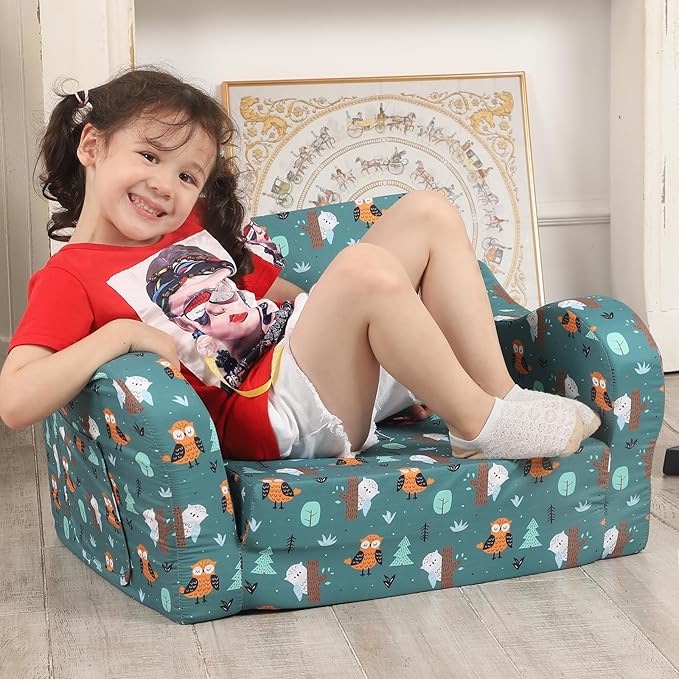 Happy Owl Kids Sofa, 2-in-1 Kids Couch Fold Out, Convertible Sofa to Bed for Girls and Boys