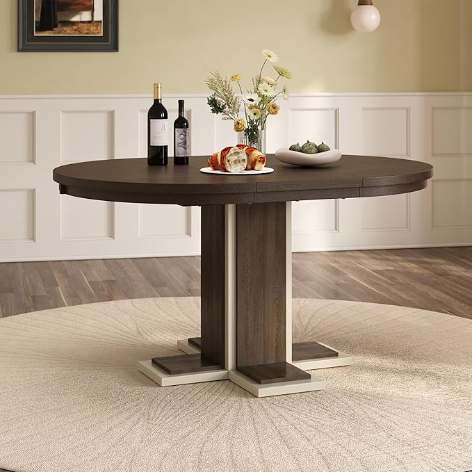 Mid-Century Modern Extendable Round Table with 16" Removable Leaf, Expandable Circular to Oval (42" to 58") Solid Wood Tabletop with Cross Design Trestle Legs for Kitchen Dining/Living Room