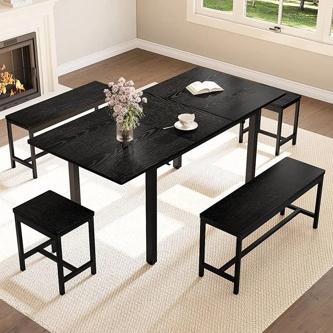 GarveeHome 5-Piece Dining Table Set for 4-8 People, 63" Large Extendable Kitchen Table Set with 2 Benches and 2 Square Stools, Modern Dining Room Furniture Sets, Easy Assembly, Black