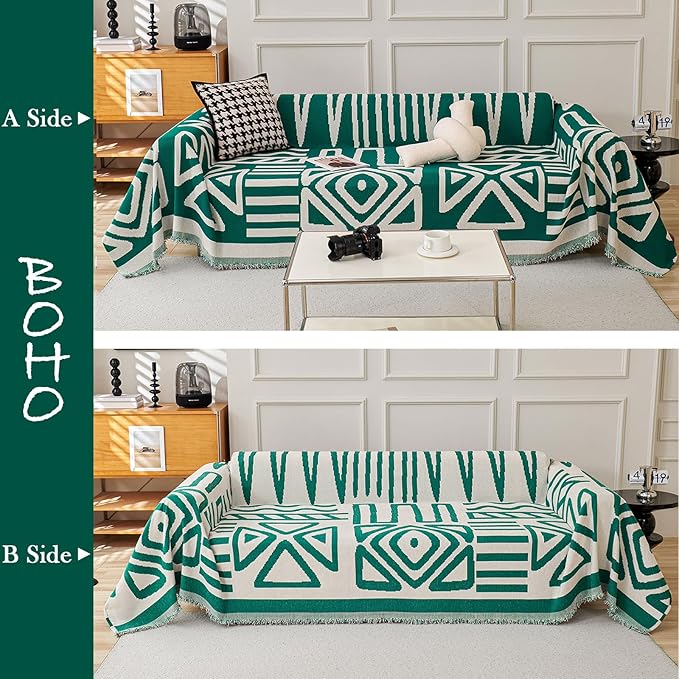 HANDONTIME Couch Cover Boho Sofa Covers Washable Forest Green Dog Covers for Couches Reversible Couch Blanket Cover Geometric L Shaped Couch Covers for 2 3 Couch Cushion Cover Dark Green, 71" X118"