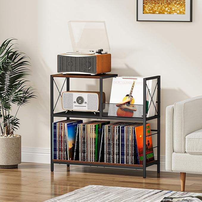 Snughome Large Vinyl Record Player Stand, Holds Up to 300 Albums, Wooden Record Display Table with 3 Adjustable Divider for Turntable Stand, Large Record Player Table Vinyl Album Storage