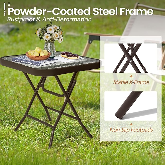 Foldable Outdoor Side Table Set of 2 with Tempered Glass Top Square 18" Folding Patio Side Tables Set of 2 Small Glass End Table for Patio Porch Yard Balcony Deck Lawn Dining Garden (Brown)