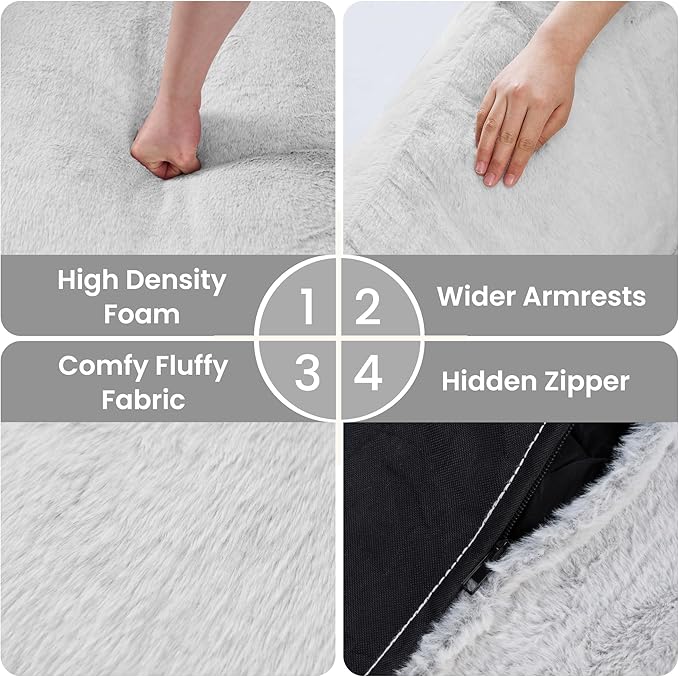 Bean Bag Chairs for Adults, Giant Beanbag Sofa Comfy Reading Chair, Oversized Bean Bag Chairs for Living Room Bedroom, Soft Faux Fur Fabric, 3.2FT, Light Grey, Plush