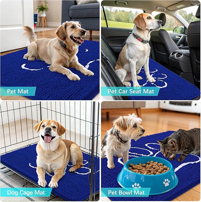 OLANLY Door Mat for Muddy Dog Paws 36x24, Ultra Absorbent Chenille Mud Doormat with Paw Print Design, Non-Slip Washable Doormat for Indoor Entryway, Quick-Dry Pet Bed Mats for Dirty Dogs, Royal Blue