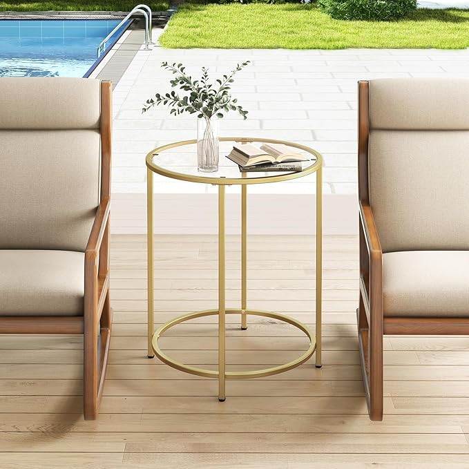 19.7’’ Round Glass End Table, Round Bedside Table with Tempered Glass Top, Gold Glass Side Table with Metal Frame, Modern Round End Table for Living Room Balcony Bedroom Porch Patio