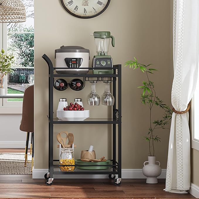 TUTOTAK Bar Cart, Home Bar Serving Cart with 3-Tier Mirrored Shelf, Mobile Kitchen Shelf, Rolling Beverage Cart, Black BC01BK034