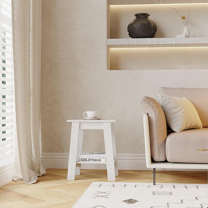 End Table with Double Storage Shelves, Small Space Side Table for Farmhouse Bedroom, Studio Apartment, Entryway， White