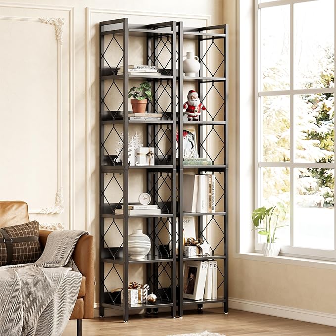 LITTLE TREE Book Shelf Set of 2, 7-Tier Tall Bookcase, Wooden Display Shelves with Metal Frame for Living Room, Modern Narrow Standing Bookshelves for Bedroom, Black Office Shelf for Small Spaces