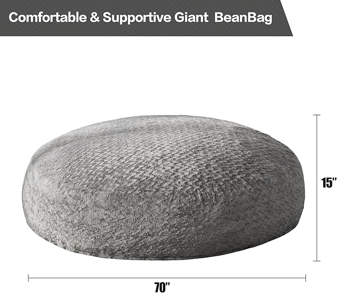 Hobestluk 6ft Bean Bag Chairs for Adults Large Beanbag Chair with Chevron Plush Fur Cover Big Bean Bag Chair for Living Room Bedroom Dorm Office - Grey (70" x 70" x 15")