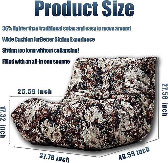 CXC Fireside Chair, Gaming Chair Floor, Large Bean Bag Chairs for Adults, Memory Sponge Lazy Sofa, Ergonomic Design Comfy Couch for Living Room丨 Bedroom丨 Office丨(Happy Flower-Brown, Linen)