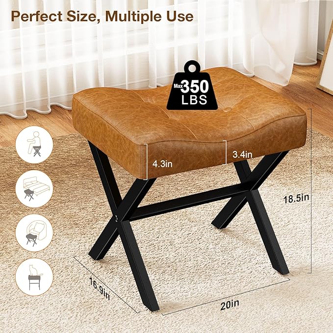18-Inch Large Leather Vanity Stool, Vanity Chair with Metal X-Leg, Ottoman Foot Stool with Thick Padded Saddle Seat, Brown