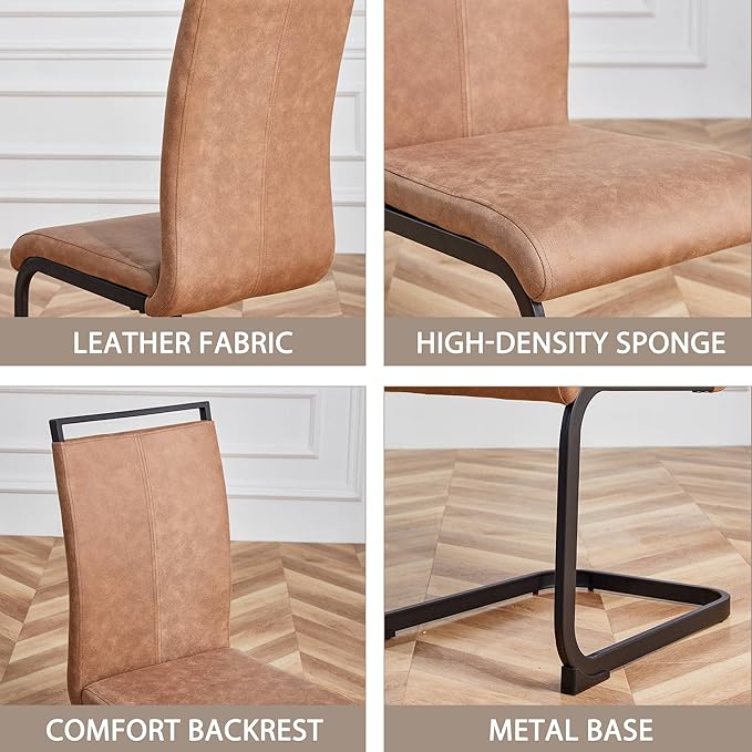 Dining Chairs Set, Kitchen Modern Metal Chairs with Faux Leather Padded Seat High Back and Sturdy Chrome Legs, Chairs for Dining Room (Brown, Set of 6)