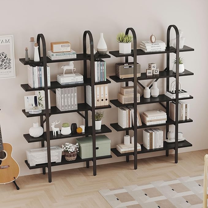Wide Bookshelf Arched Bookcase, Industrial 5 Tier Open Book Shelves with Metal Frame, 72" Tall Freestanding Heavy Duty Display Rack for Home Office, Living Room,Black,Easy Assembly