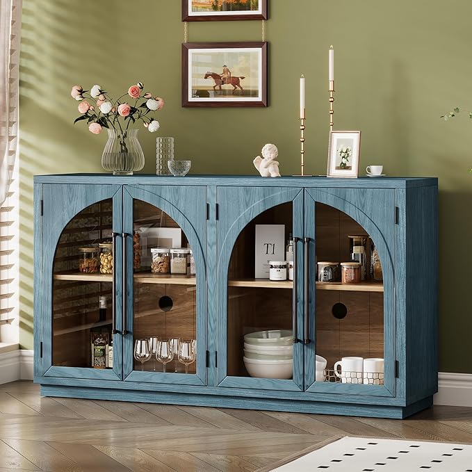Merax Retro Buffet Sideboard, Wood Storage Cabinet with Shelves, 4 Doors for Living Room Kitchen Dining Room Navy