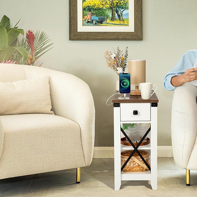Narrow End Table with Charging Station - Farmhouse Slim Side Table, w/USB Ports Power Outlets, Nightstand w/Flip Top Storage Drawer, for Small Spaces Living Room Bedroom, Brown White