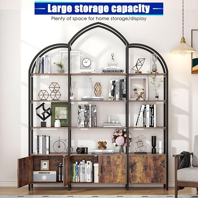 Triple Wide 5 Tier Tall Arched Bookshelf and Bookcase with 3 Cabinets, Industrial Metal Etagere Open Bookshelf, Rustic Wood Standing Book Shelf with Black Metal Frame for Bedroom Living Room