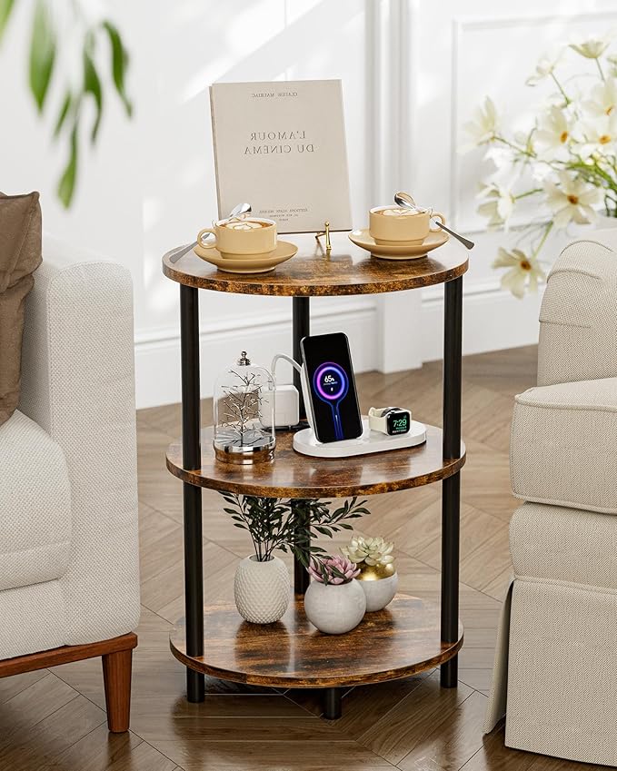 Small Round Side Table - 3-Tier Oval Accent Table for Small Spaces, Rustic Wood and Metal Nightstand for Living Room or Bedroom, with Built-in USB Ports and Power Outlet, Rustic Brown