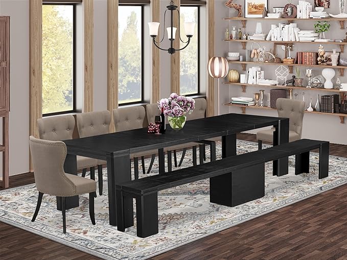 X07SI-B06-48 - 9-piece Dining Room Table Set a Rectangular Kitchen Table and a wooden Bench and 7 coffee Linen Fabric Dining Chair, 39x120 Inch, Wire Brushed Black
