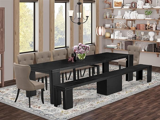 X07SI-B06-48 - 9-piece Dining Room Table Set a Rectangular Kitchen Table and a wooden Bench and 7 coffee Linen Fabric Dining Chair, 39x120 Inch, Wire Brushed Black