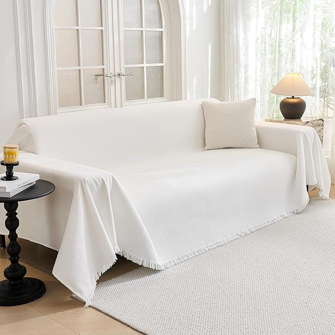 MYSKY HOME Couch Covers Couch Cover for Dogs Washable, Couch Covers for Sectional Sofa, Sofa Covers for 3 Cushion Couch Sofa Cover for Living Room Furniture Protector for Pets, Kids, 91"x134", White