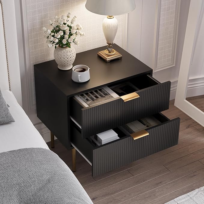 Black Nightstand for Bedroom, Fluted Night Stand, End Table for Living Room, Mid Century Modern Bedside Table with Drawers, Bed Side Table with Gold Metal Legs, Bedroom Furniture Stripe