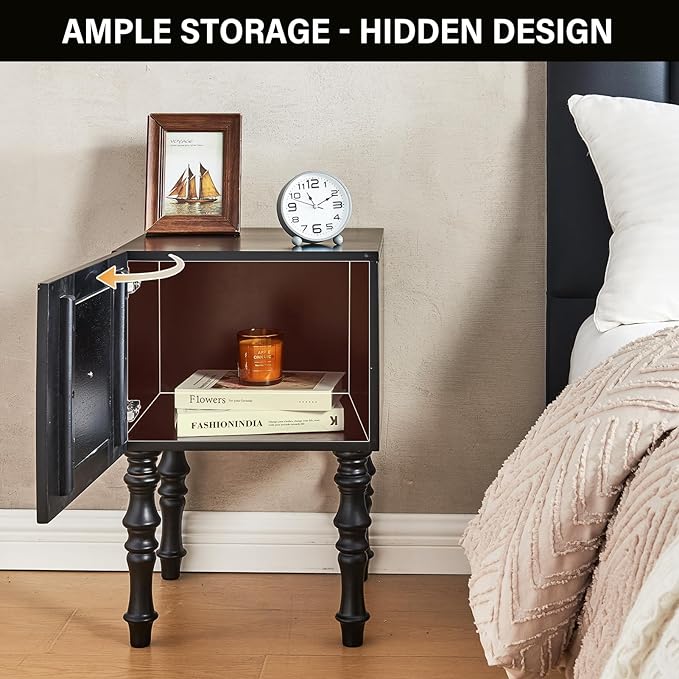CozyDH Black Nightstand with Storage 23", Mid Century Modern Solid Wood End Side Table for Bedroom Living Room, Wooden Sofa Side Bedside Table with Wooden Legs