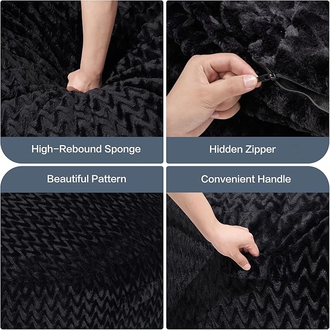 Hobestluk 6ft Bean Bag Chairs for Adults Large Beanbag Chair with Chevron Plush Fur Cover Big Bean Bag Chair for Living Room Bedroom Dorm Office - Black (70" x 70" x 15")