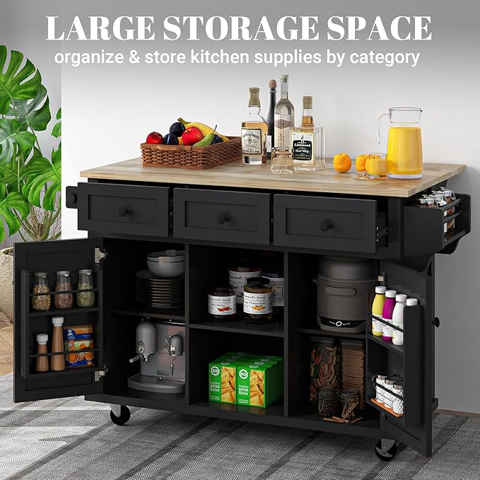 Rovibek Kitchen Island with Drawers 53 in Rolling Island Cart Mobile Solid Wood Portable Islands on Wheels with Storage Cabinet & Drawers, Black