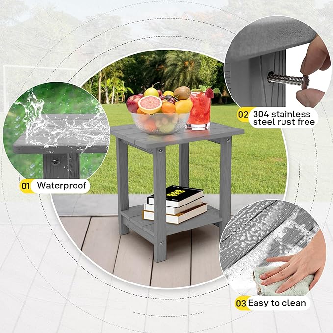 Melucivi Weather Resistant Outdoor Side Table, Double Small Adirondack Side Table for Adirondack Chair - Indoor Outdoor End Table, Patio Table for Pool, Deck and Porch (Dark Grey)