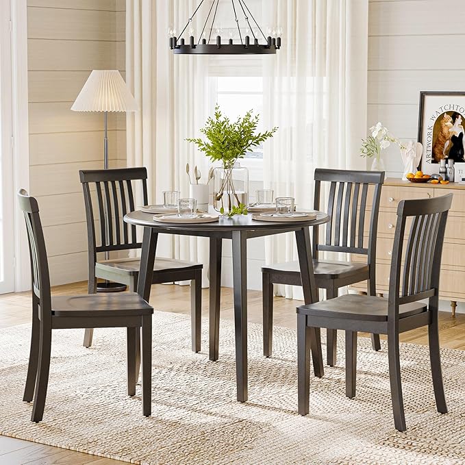 COLAMY Wooden Dining Chairs Set of 2, Solid Rubberwood Kitchen & Dining Room Chairs,Windsor Style Seating, Rustic Dining Table Chairs, Non-Slip Foot Pads, Farmhouse & Traditional Seating,Dark Brown
