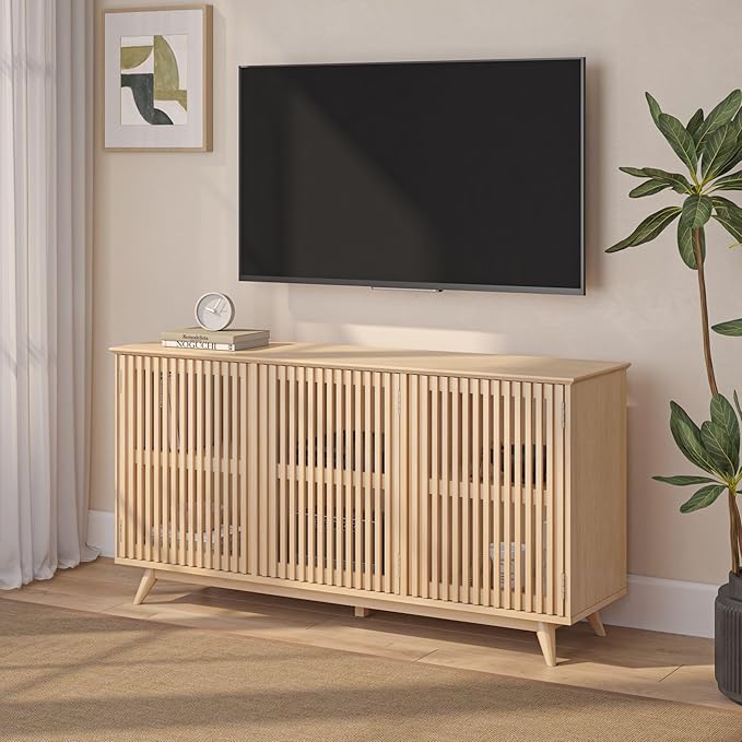Plank+Beam Mid-Century Modern Wood TV Stand, Three Door Solid Wood Entertainment Console with Storage, 59" L x 16" W x 30" H, Blonde