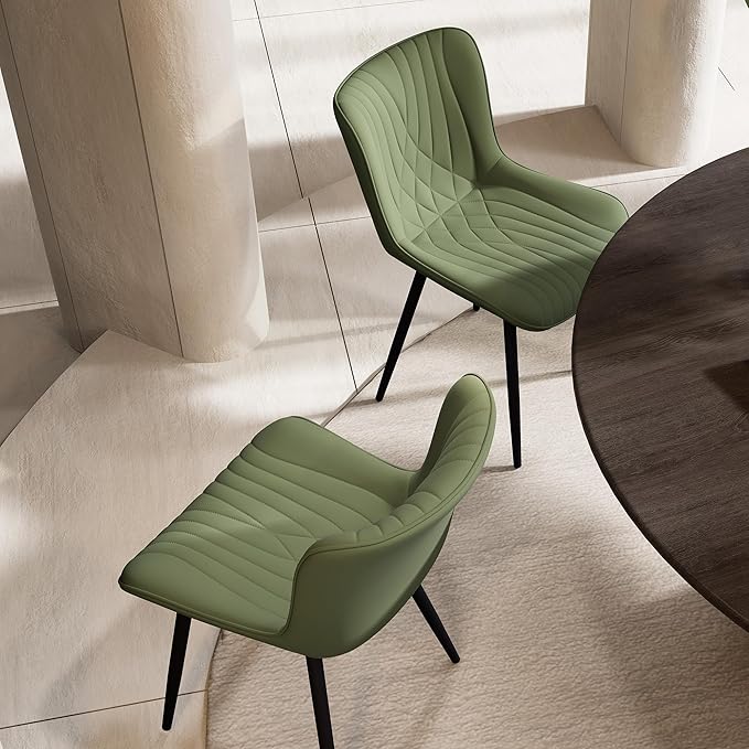YOUTASTE Dining Chairs Set of 2 Upholstered Mid Century Modern Kitchen & Dining Room Chairs Armless Faux Leather Accent Chair with Padded Back Metal Legs for Bedroom Vanity Lounge, Olive Green