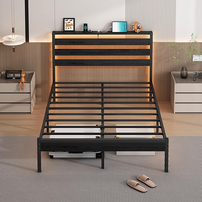 14 Inch Classic Metal Platform Bed Frame-Queen Bed Frame with Headboard,Steel Slats Support-LED Bed Frame with USB Charging Station,Under Bed Storage,No Box Spring Needed,Noise Free