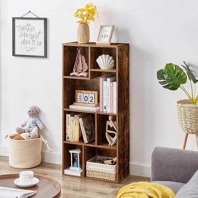 VECELO 42 Inch High Bookcase, 4-Tier Modern Storage Cabinet with Height Difference Shelves for Standard Textbooks, Floor Standing, 7 Cubes, Horizontal Available, Easy Assembly, Rustic Brown