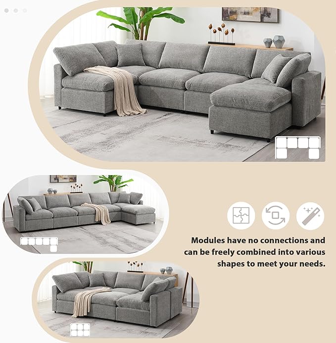130" Chenille Modular Sofa,Modern 6 Seat Free Combination Cloud Couch Bed Set,Convertible U Shaped Sleeper Couched,with Ottoman,for Living Room, Apartment,Sleeping Room,Gray