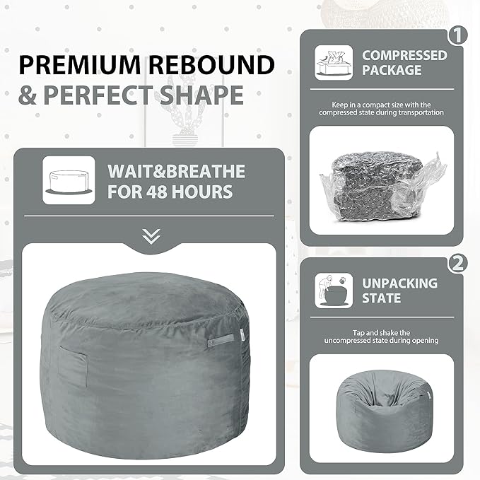 HABUTWAY Bean Bag Chair 3Ft Luxurious Velvet Ultra Soft Fur with High Rebound Memory Foam Bean Bag Chairs for Adults Plush Lazy Sofa with Fluffy Sponge 3' (Light Grey)