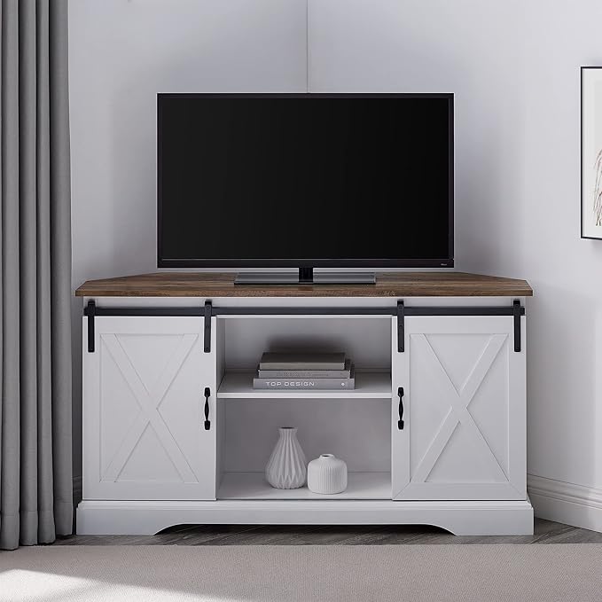Walker Edison Everette Modern Farmhouse Double Sliding X Barn Door Stand for TVs up to 58 Inches, 52 Inch, Reclaimed Barnwood and Solid White