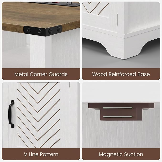 RoyalCraft Farmhouse Nightstand, White Night Stand with LED Lights and Charging Station, Bedside Table Set of 1 with Storage and Door, Wood End Table for Bedroom, Home Office, Antique White