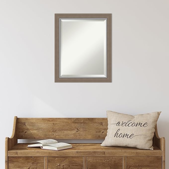 Amanti Art Brown Wall Mirror 23x19 Eva Brown Narrow Rectangle Bathroom Mirror for Wall Decor Living Room, Small Country Rustic Frame, Hangs Horizonally and Vertically, Bathroom Decor, Beveled Edge