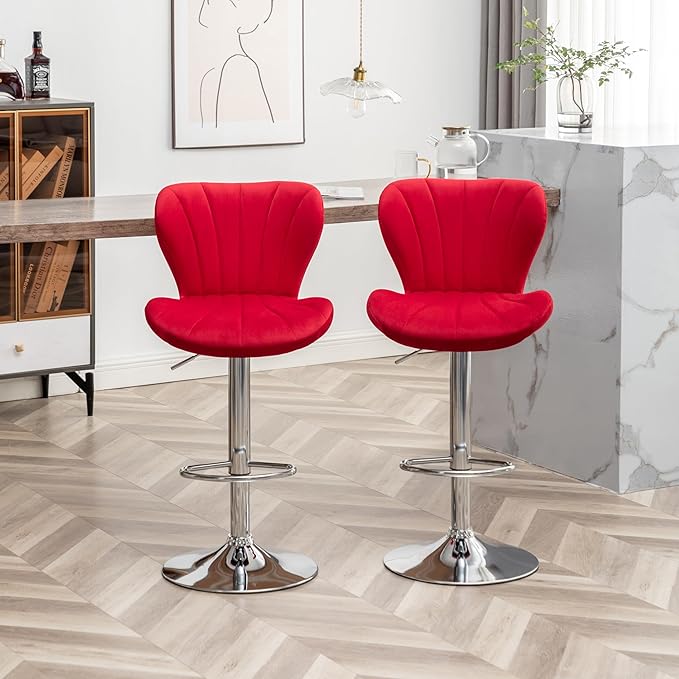 Roundhill Furniture Ellston Velvet Adjustable Swivel Barstools in Red, Set of 2