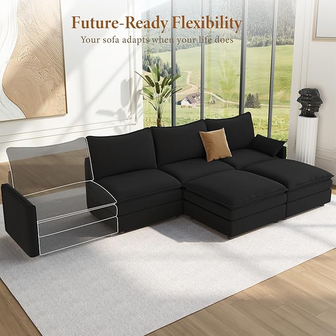 Vesgantti 108" U Shaped Sectional Couch, Comfy Cloud Modular Sectional Sofa with 2 Ottoman Deep Seat Chenille Modern Cloud Sofa, Modular Sofas for Living Room, Bedroom and Apartment, Black