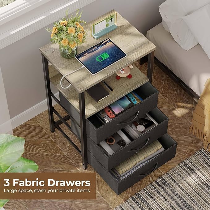 Seventable Nightstand with Charging Station and LED Light, Side Table with 3 Fabric Drawers, Bedside End Table with USB Ports and Outlets, Night Stand for Bedroom, Greige