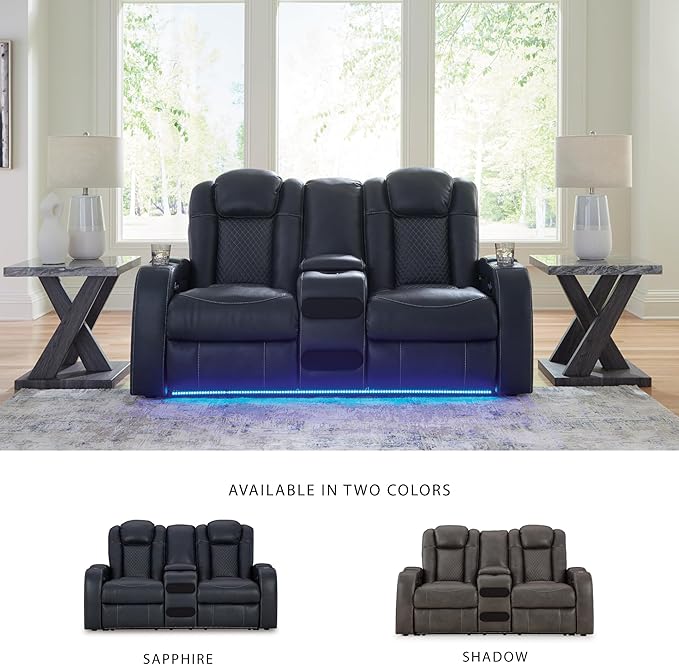Signature Design by Ashley Fyne-Dyme Contemporary Power Reclining Loveseat with Console, USB Charging Ports and Adjustable Headrest, Blue
