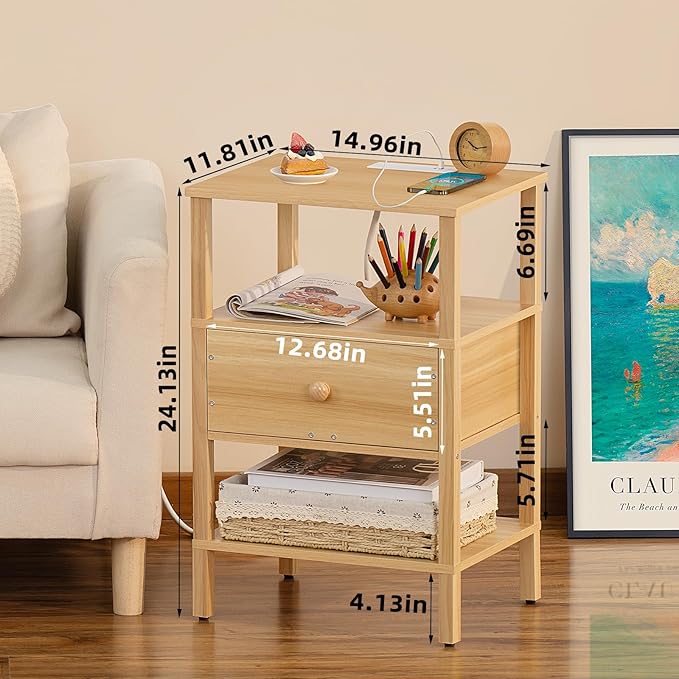 Lerliuo Nightstand Set of 2 with Charging Station and USB Ports, 3-Tier Storage End Table with Drawer Shelf, Night Stand for Small Spaces, Wood Bedside Table for Living Room, Bedroom - Natural Wood